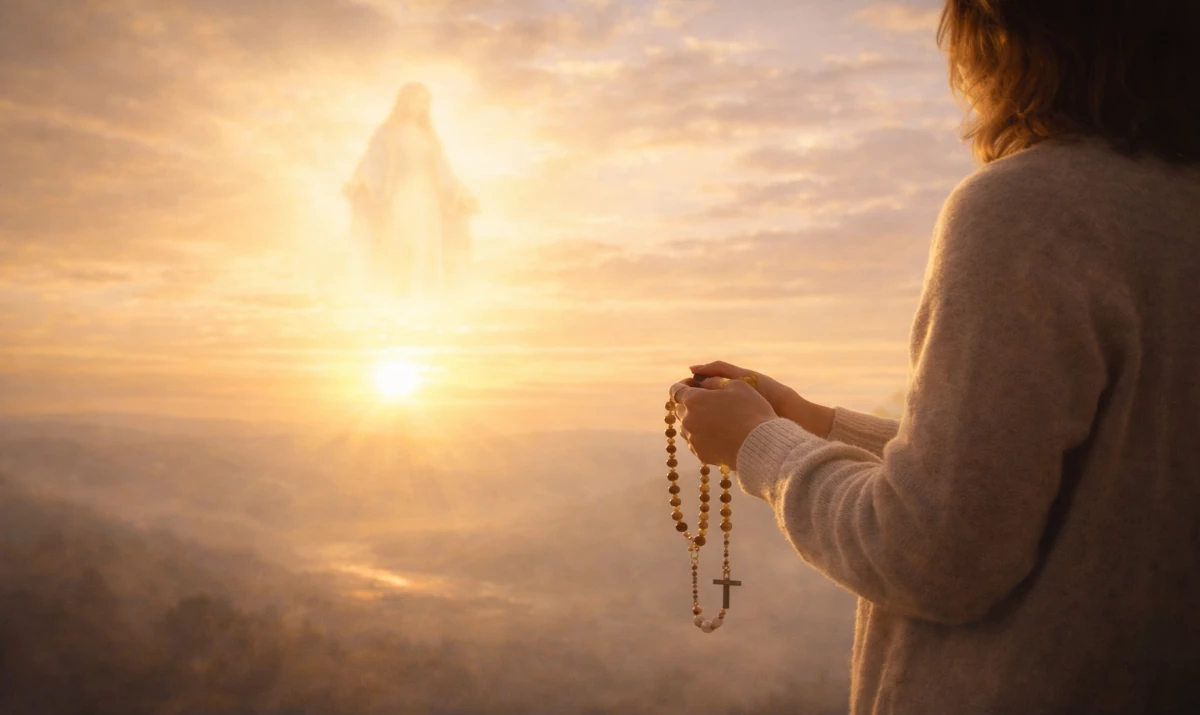 Escena realista suave y luminosa: una persona de pie mirando un horizonte al amanecer, con un rosario entre las manos. La luz dorada ilumina el cielo. Ambiente de incertidumbre serena, confianza y camino abierto. Presencia mariana muy sutil sugerida en la luz.