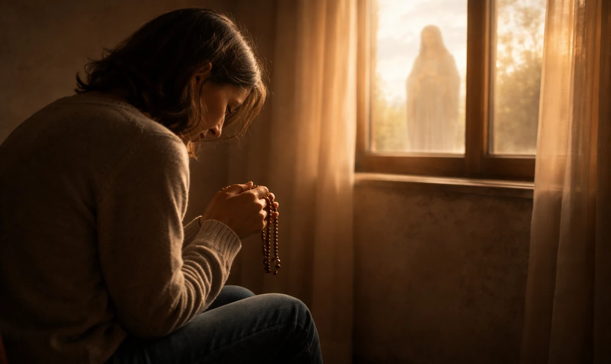 Escena realista suave y respetuosa: una persona sentada en silencio junto a una ventana al atardecer, con un rosario entre las manos. Luz cálida entrando lateralmente. Ambiente de dolor sereno, recogimiento y compañía. Presencia mariana muy sutil sugerida en la luz.