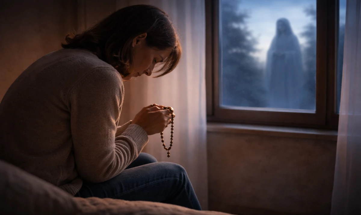 Escena realista suave y respetuosa: una persona sentada en silencio junto a una ventana al anochecer, con un rosario entre las manos. La luz tenue entra suavemente. Ambiente de vacío interior, calma y recogimiento. Presencia mariana muy sutil sugerida en la luz.