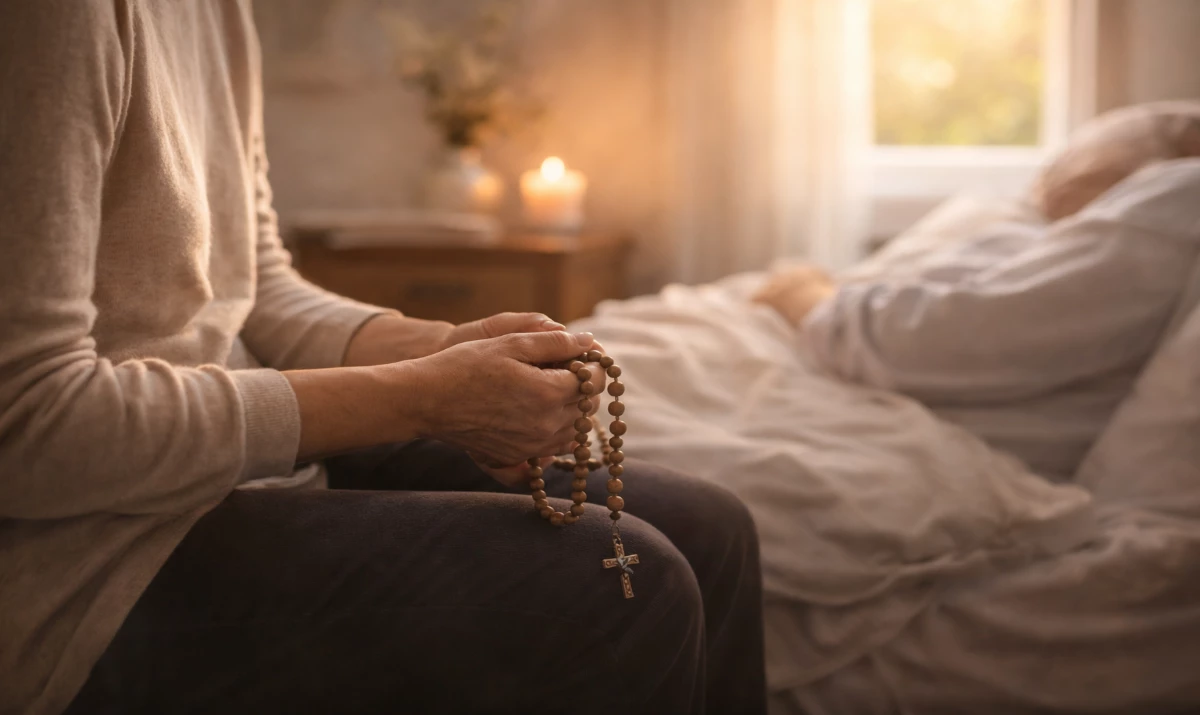 Escena realista suave y respetuosa: una persona sentada junto a una cama o sillón donde descansa un enfermo (sin mostrar detalles invasivos). En sus manos, un rosario. Luz cálida entrando por una ventana. Ambiente de cuidado, cansancio y ternura. Presencia mariana muy sutil sugerida en la luz.