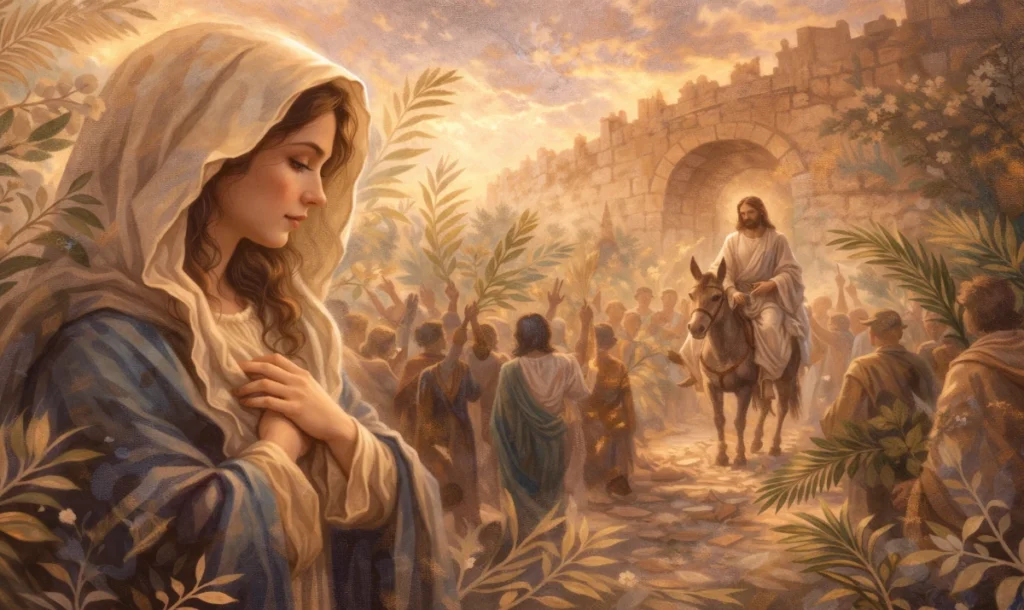 Domingo de Ramos – Virgen de la Esperanza que se acerca. Pequeño detalle importante: la expresión de María está justo en ese punto que queríamos… no es alegría superficial, es esperanza con conciencia.