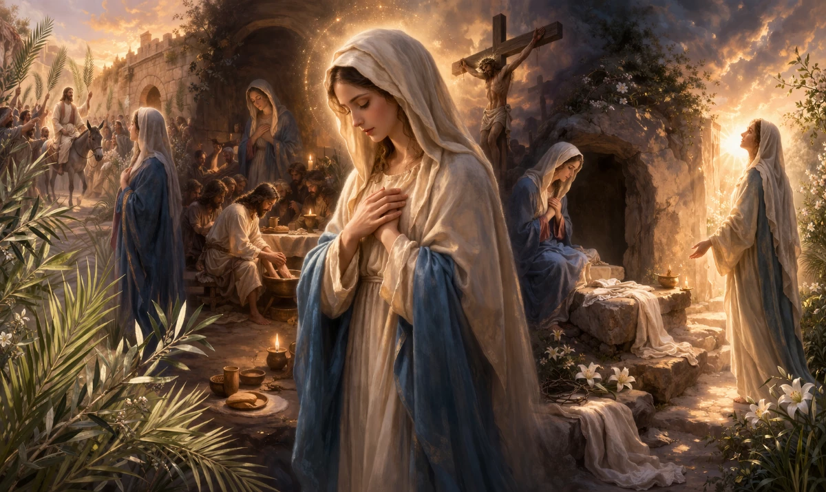 La Virgen María en actitud serena y contemplativa recorriendo simbólicamente la Semana Santa: una composición luminosa y sobria con pequeños ecos visuales del Domingo de Ramos, la cruz, el sepulcro y la luz de la Resurrección, todo con tono devocional, humano y delicado.