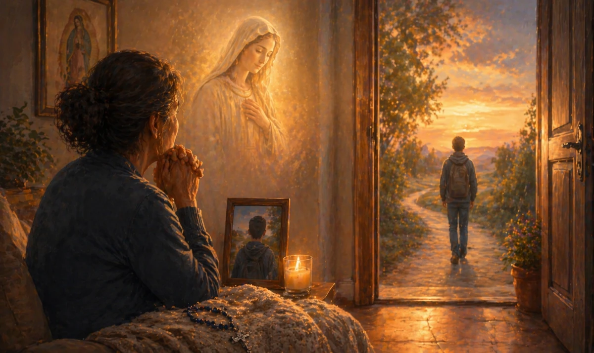 Escena ilustrada suave: una puerta entreabierta al atardecer, luz cálida entrando desde fuera. En el interior, una silueta en silencio mirando hacia la puerta. Sensación de espera, amor que no se cierra y esperanza tranquila. Presencia mariana muy sutil y difuminada en la luz.