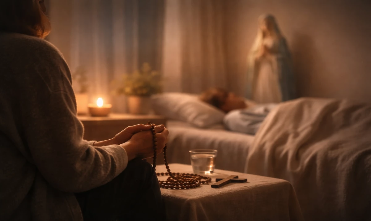 Escena realista suave y respetuosa: una habitación en penumbra con luz cálida de madrugada, una persona sentada junto a la cama de un enfermo, con un rosario entre las manos sobre una manta o una mesilla. Al fondo, de forma muy sutil y difuminada, una presencia mariana serena. Ambiente de silencio, cansancio sostenido por amor y esperanza discreta.