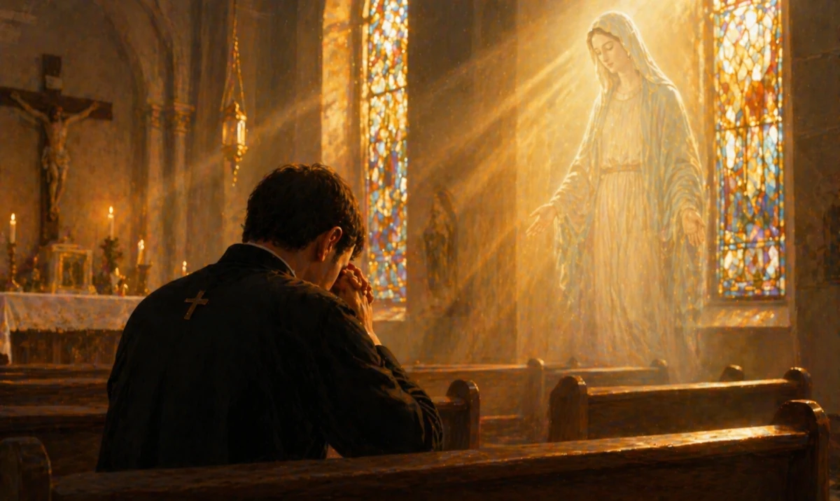 Escena ilustrada suave: una iglesia casi vacía al atardecer, un sacerdote sentado en silencio en un banco, de perfil o de espaldas. Luz cálida entrando por vitrales. Presencia mariana muy sutil y difuminada en la luz. Sensación de silencio, entrega y recogimiento.