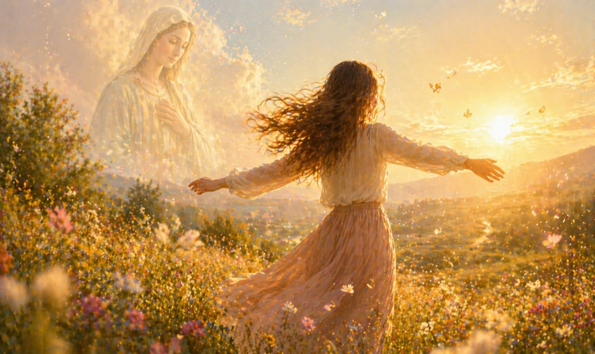 Escena ilustrada suave: un campo con flores al amanecer, colores suaves y luz dorada. Una persona caminando ligera o girando sobre sí misma con sensación de libertad. Presencia mariana muy sutil y difuminada en la luz. Sensación de alegría serena, renovación y vida.