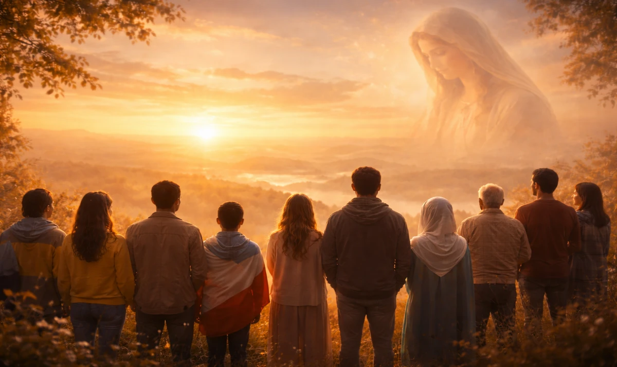 Escena ilustrada suave: un paisaje amplio al atardecer con distintas personas de diferentes lugares del mundo en silencio, mirando el horizonte. Luz cálida unificando la escena. Presencia mariana muy sutil y difuminada en el cielo. Sensación de calma, unidad y esperanza.