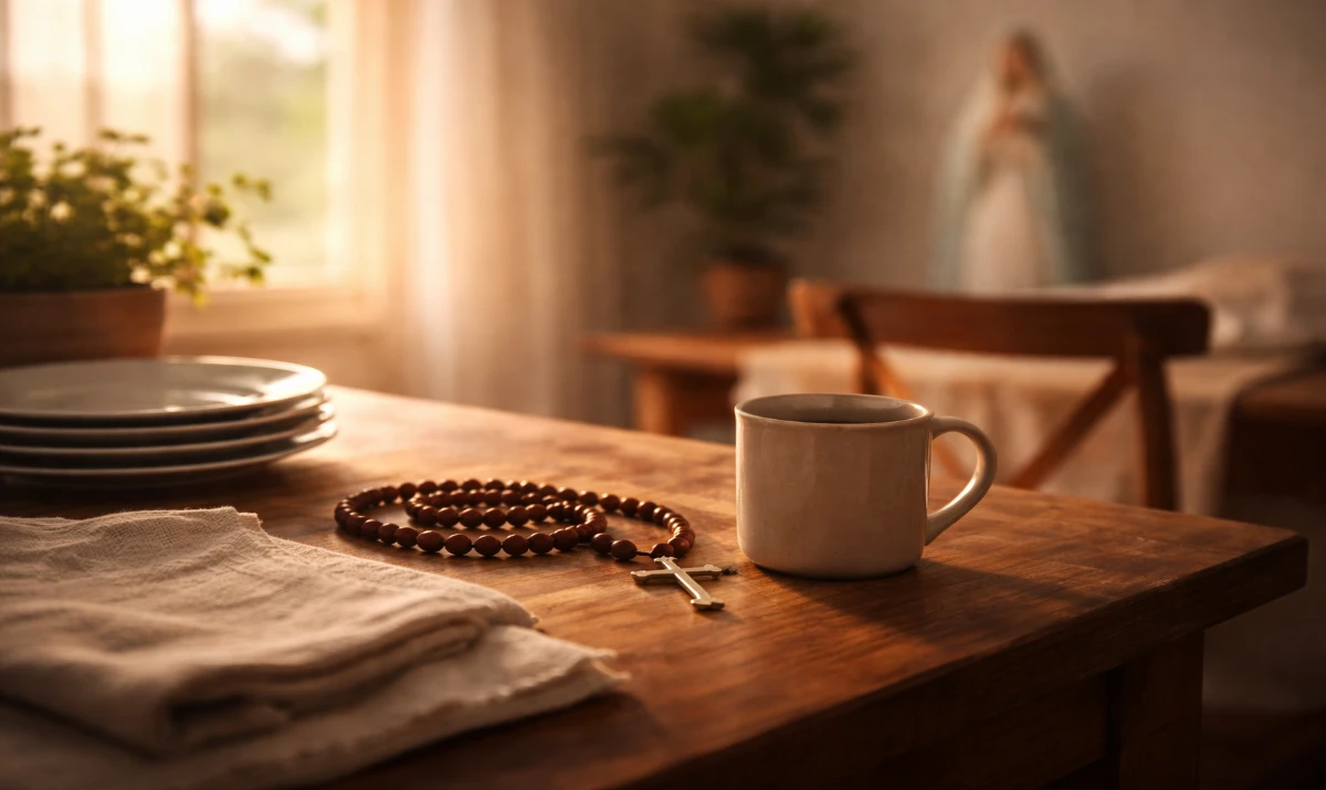 Escena realista suave: una mesa de casa al atardecer con un rosario apoyado junto a platos sencillos o una taza, luz cálida entrando por la ventana. Ambiente de hogar vivido, sin perfección, con sensación de calma y vida cotidiana. Presencia mariana muy sutil y difuminada en la luz.