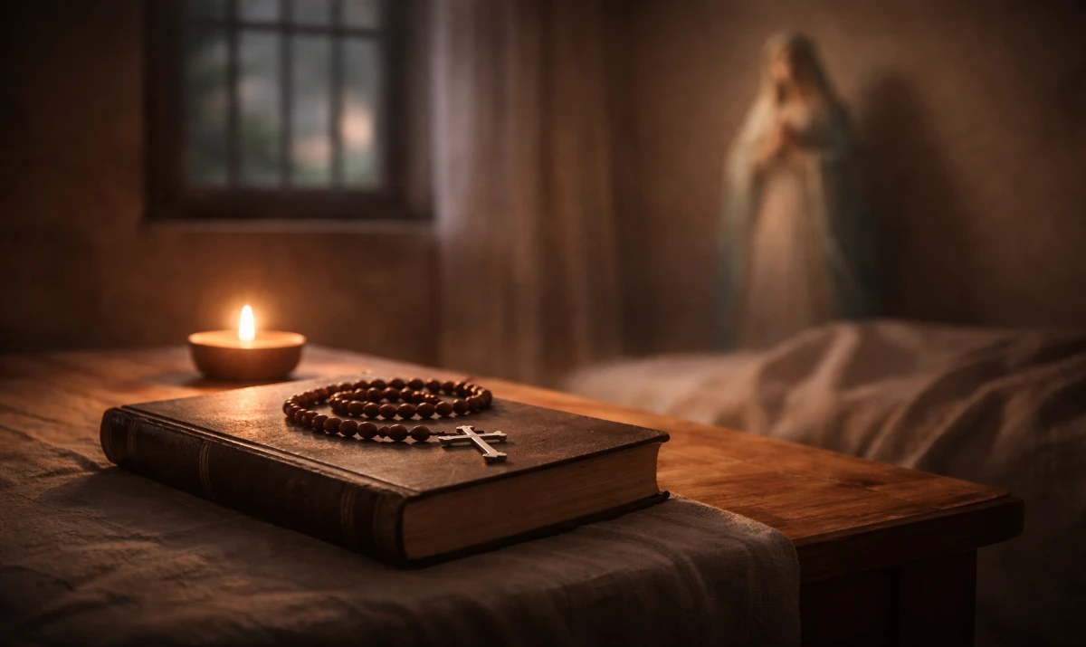 Escena realista suave y respetuosa: una habitación sencilla y en penumbra, una Biblia cerrada y un rosario sobre una mesa, luz tenue entrando por una pequeña ventana. Al fondo, de forma muy sutil y difuminada, una presencia mariana serena. Sensación de silencio, fe escondida y esperanza contenida.