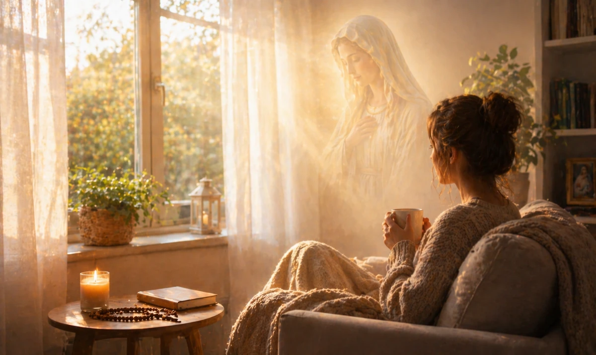 Escena ilustrada suave: una persona sentada en silencio en una habitación sencilla, con luz suave entrando por una ventana. Alrededor, ambiente tranquilo, con sensación de pausa y recogimiento. Presencia mariana muy sutil y difuminada en la luz.