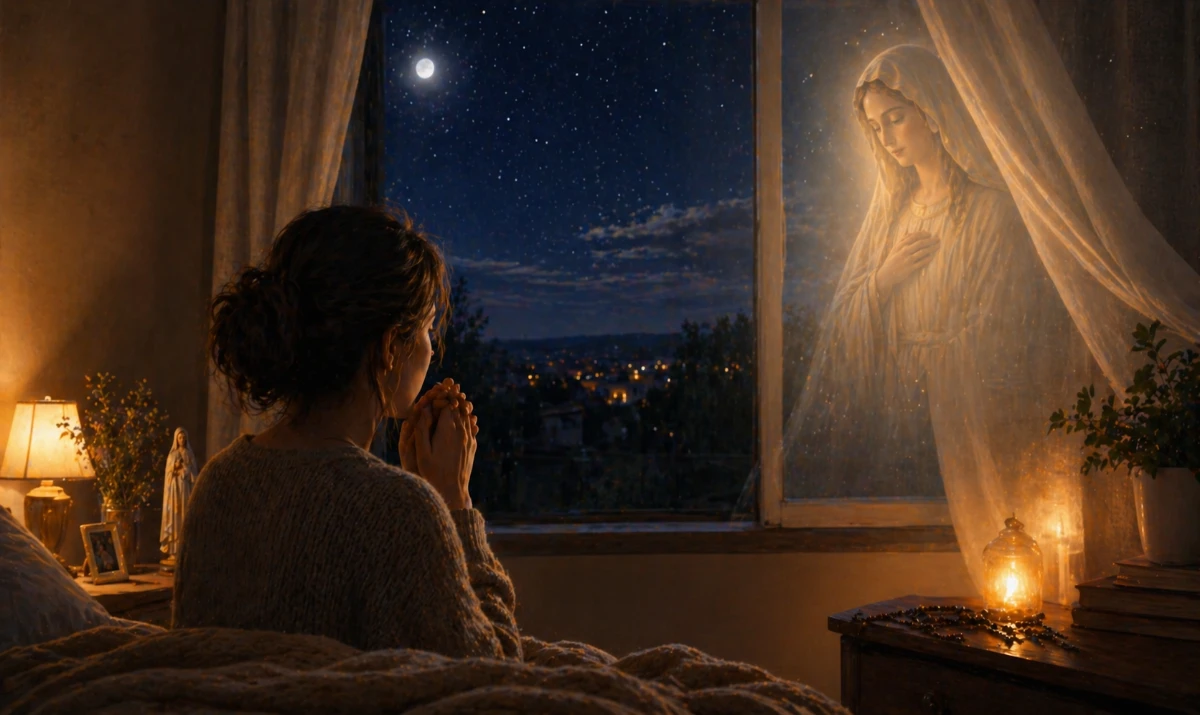 Escena ilustrada suave: una ventana abierta de noche con cielo estrellado visible, una cortina moviéndose suavemente. En el interior, una luz cálida tenue. Presencia mariana muy sutil y difuminada en la oscuridad iluminada. Sensación de descanso, cierre y paz.