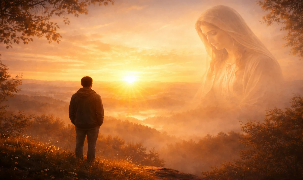 Escena ilustrada suave: horizonte al amanecer con luz dorada rompiendo la oscuridad. Una figura de espaldas contemplando la salida del sol. En la luz, muy sutil y difuminada, presencia mariana serena. Sensación de comienzo, paz y esperanza.
