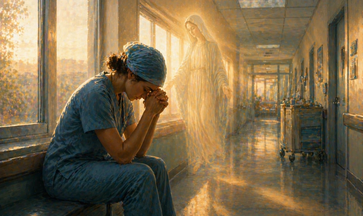 Escena ilustrada suave: un pasillo de hospital al amanecer, luz suave entrando por ventanas largas. Una figura de cuidador o sanitario apoyado unos segundos contra la pared, en pausa. En la luz, presencia mariana muy sutil y difuminada. Sensación de cansancio, entrega y consuelo.