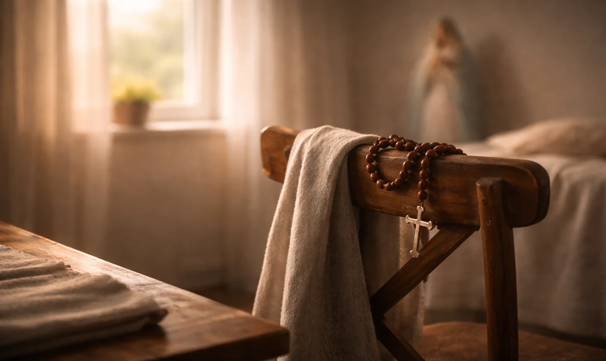 Escena realista suave: una habitación tranquila al amanecer, una silla junto a una ventana con luz tenue entrando. Sobre la silla, un rosario apoyado y una prenda doblada. Ambiente de silencio, ausencia y recogimiento. Presencia mariana muy sutil y difuminada en la luz.