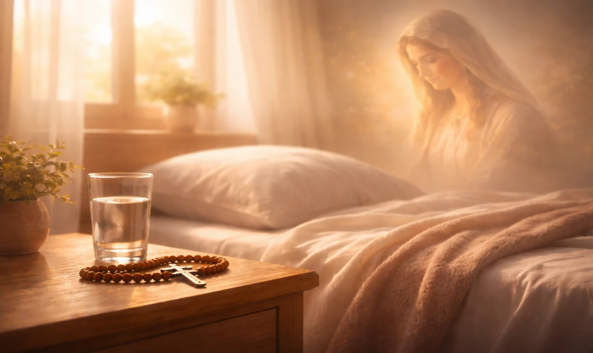 Escena ilustrada suave: una cama sencilla con una luz suave entrando por la ventana. Sobre la mesilla, un vaso de agua y un rosario. Ambiente de calma, cuidado y descanso. Presencia mariana muy sutil y difuminada en la luz.