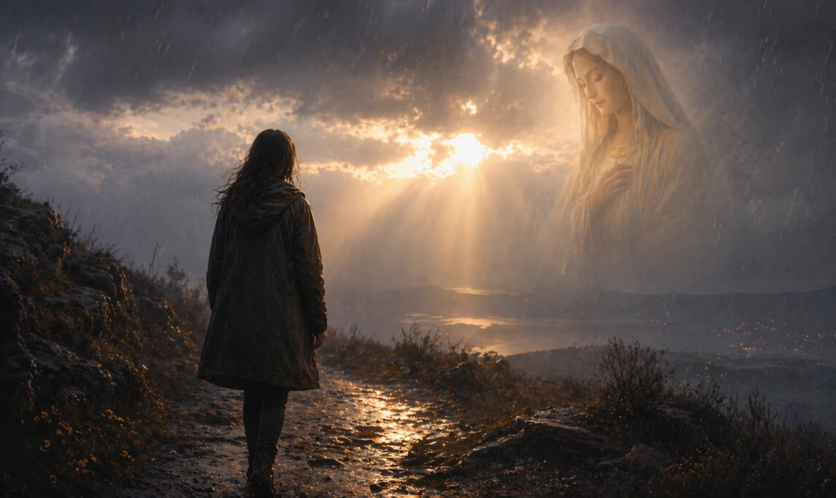Escena ilustrada suave: una persona bajo la lluvia, de pie o caminando despacio, con luz tenue abriéndose paso entre las nubes. En la luz, de forma muy sutil, una presencia mariana. Sensación de resistencia, silencio y esperanza que no se apaga.
