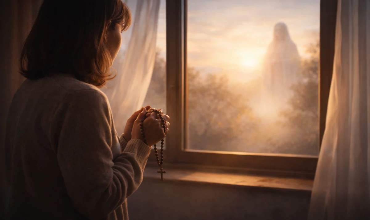 Escena realista suave y luminosa: una persona de pie frente a una ventana al amanecer, con un rosario entre las manos a la altura del pecho. La luz entra con claridad. Ambiente de decisión, calma y apertura. Presencia mariana muy sutil sugerida en la luz.