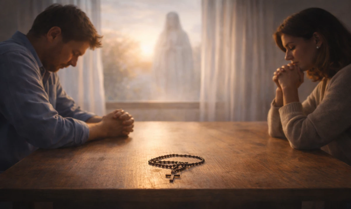 Escena realista suave: una mesa de hogar con dos personas sentadas en silencio, separadas por cierta distancia pero con un rosario apoyado en medio. Luz cálida entrando suavemente. Ambiente de tensión contenida, fragilidad y posibilidad de encuentro. Presencia mariana muy sutil sugerida en la luz.