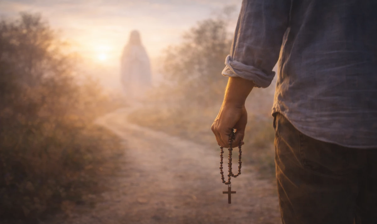 Escena realista suave: un camino sencillo al amanecer, con una persona caminando con un rosario en la mano. La luz ilumina suavemente el sendero. Presencia mariana muy sutil sugerida en la luz. Ambiente de paz, dirección y compañía.