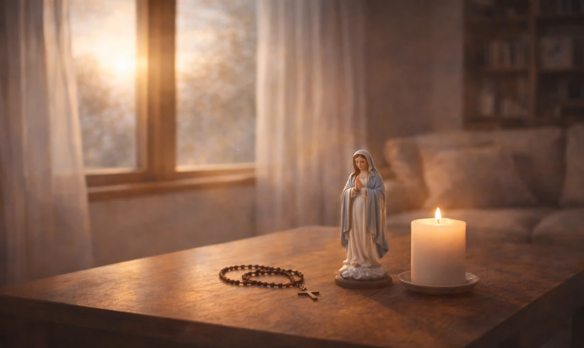 Escena realista suave: una mesa sencilla de hogar con un rosario, una pequeña imagen de la Virgen María y una luz cálida entrando por una ventana. Ambiente de hogar, calma y recogimiento. Presencia mariana sutil en la luz.