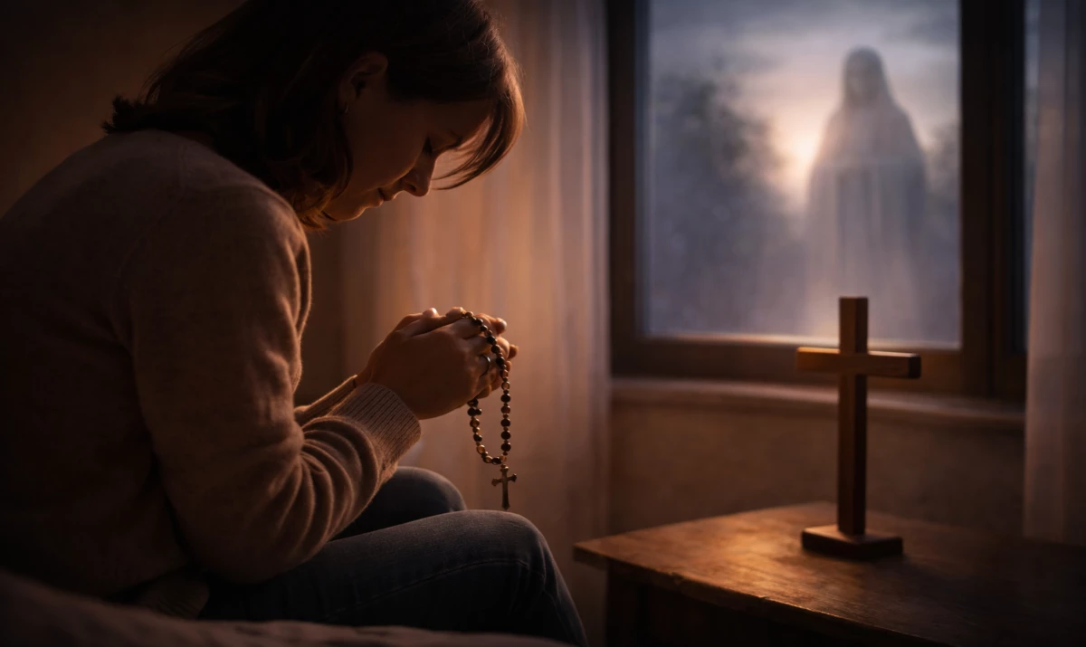 Escena realista suave y respetuosa: una persona en silencio en un interior sencillo, con un rosario entre las manos y una pequeña cruz de madera cercana. Luz tenue de atardecer o penumbra suave entrando por una ventana. Ambiente de recogimiento, dolor sereno y esperanza contenida. Presencia mariana muy sutil sugerida en la luz.
