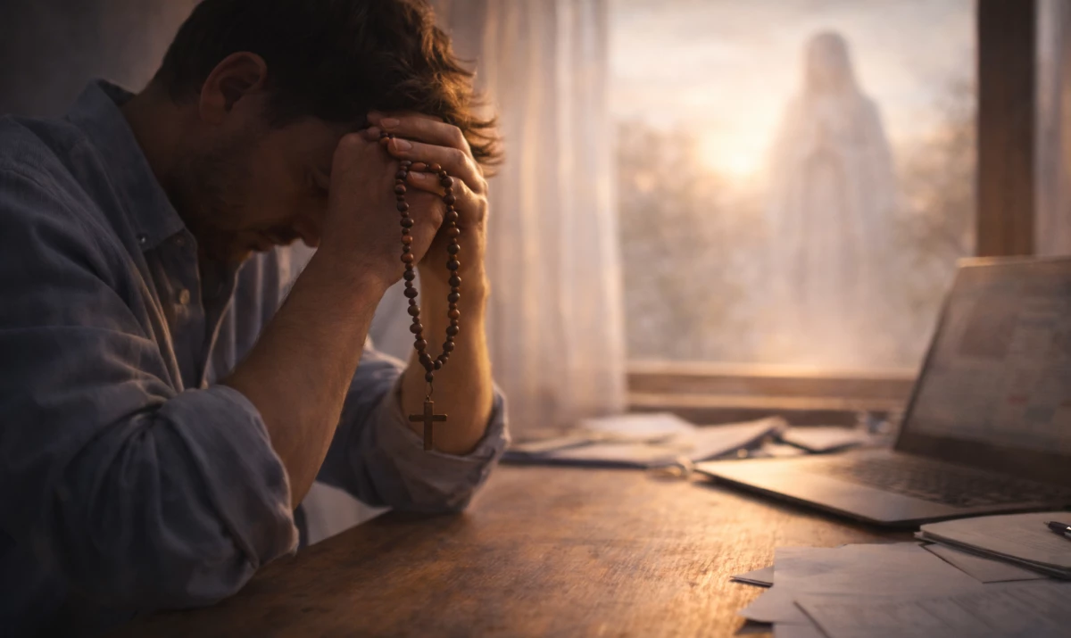 Escena realista suave: una persona al final del día sentada en un entorno de trabajo sencillo, con el rosario entre las manos y la cabeza ligeramente inclinada. Luz cálida de atardecer entrando por una ventana. Ambiente de cansancio real, recogimiento y descanso. Presencia mariana muy sutil sugerida en la luz.