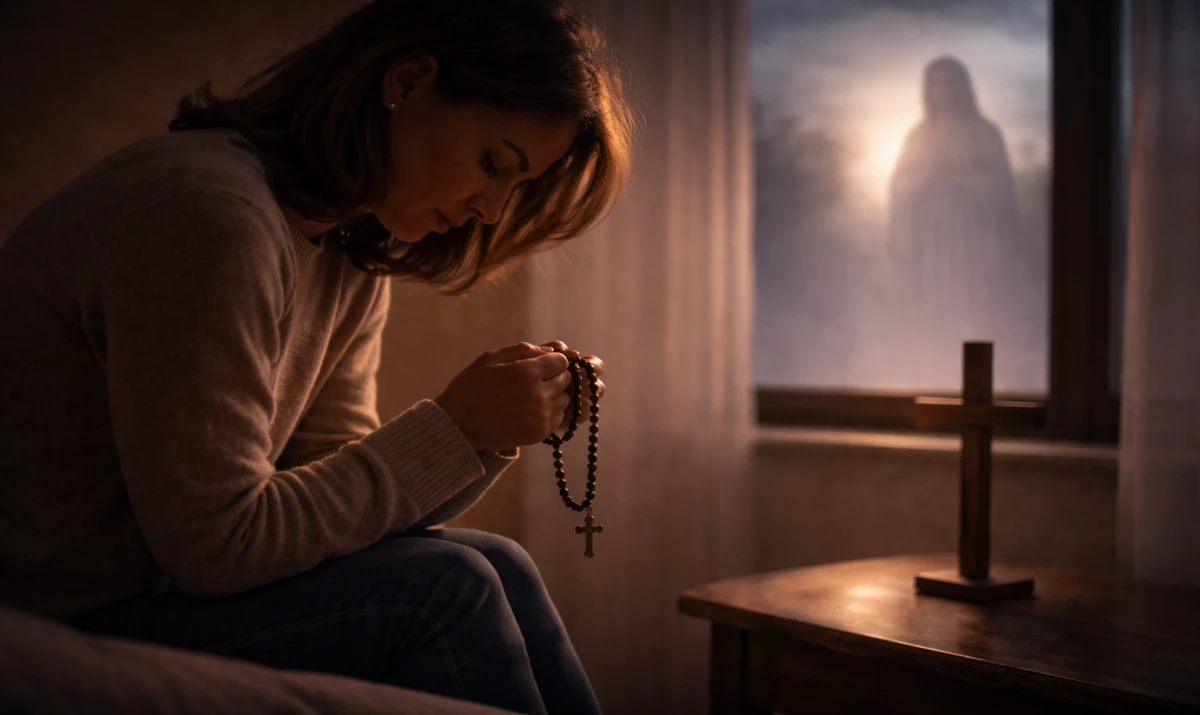 Escena realista suave y respetuosa: una persona sentada en silencio en una habitación tenue, con un rosario entre las manos y la mirada baja. Luz suave entrando lateralmente. Ambiente de recogimiento, intimidad y dolor contenido. Presencia mariana muy sutil sugerida en la luz.