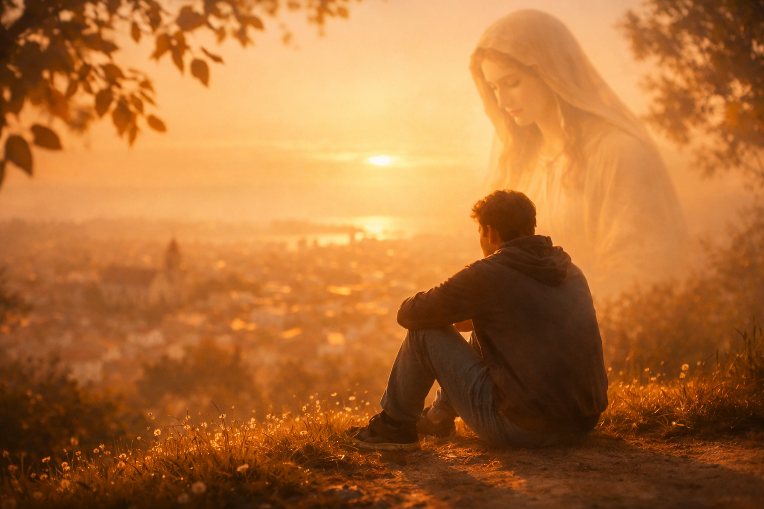 Escena realista suave: una persona caminando sola por una calle tranquila al amanecer, luz suave iluminando el camino. En la luz, de forma muy sutil y difuminada, una presencia mariana. Sensación de acompañamiento, paz y camino cotidiano.
