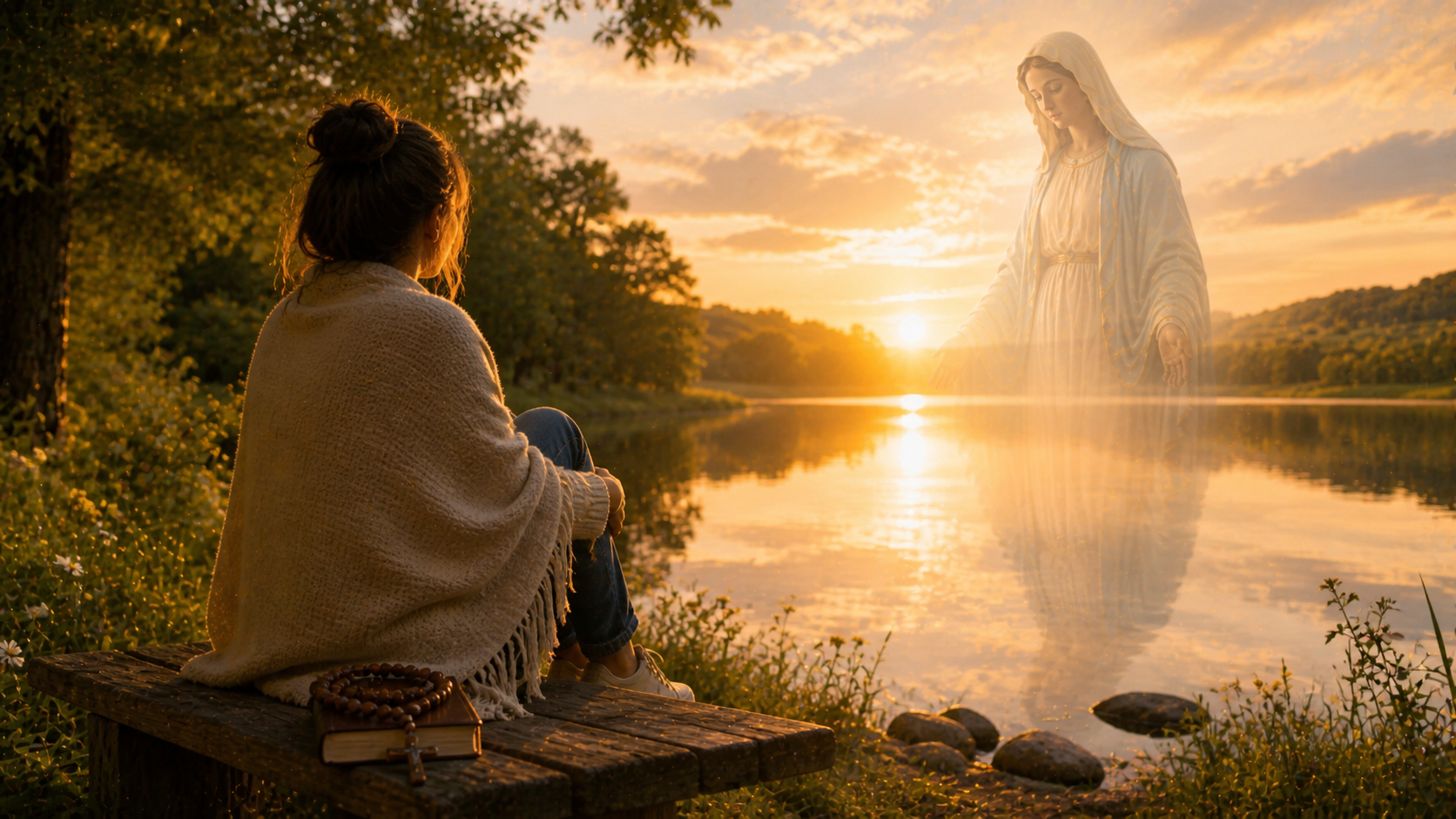 Escena ilustrada suave: una persona sentada junto a un río o agua tranquila, con reflejo de la luz del atardecer. Ambiente sereno, naturaleza en calma. Presencia mariana muy sutil y difuminada en la luz o en el reflejo. Sensación de silencio, profundidad y paz interior.