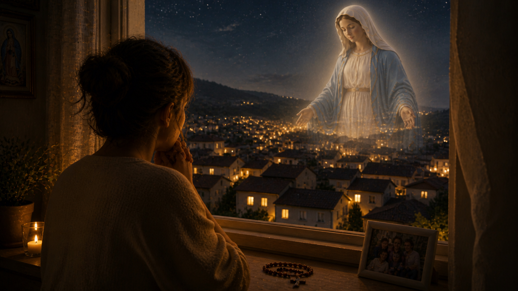 Escena ilustrada suave: una noche tranquila vista desde una ventana, con varias casas iluminadas a lo lejos. En primer plano, una silueta en silencio mirando hacia fuera. Presencia mariana muy sutil y difuminada cubriendo la escena con luz suave. Sensación de cuidado, protección y paz.