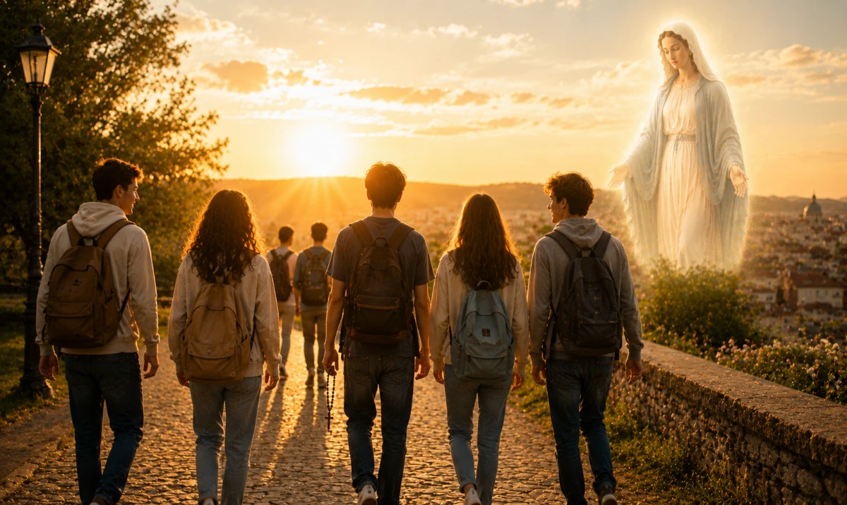 Consagración de los jóvenes a la Virgen María. Esta ilustración transmite una sensación muy bonita de acompañamiento y futuro para los jóvenes: ✔ Escena de grupo caminando juntos al atardecer. ✔ Los jóvenes con mochilas y ropa cotidiana. ✔ El hecho de caminar juntos transmite comunidad, búsqueda y camino compartido ✔ María aparece acompañando desde la luz → presencia protectora y esperanzadora ✔ La ciudad al fondo simboliza perfectamente el futuro, las decisiones y la vida que les espera ✔ El rosario discretamente visible conecta la escena con la espiritualidad sin exagerarla 👉 Esta imagen consigue algo muy importante: mostrar que la juventud no camina sola, incluso en medio de tantas dudas sobre el futuro.
