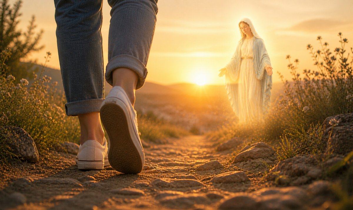 Madre acompaña mis primeros pasos hoy. Escena ilustrada suave: unos zapatos o pies descalzos dando el primer paso sobre un suelo iluminado por la luz de la mañana que entra por una puerta entreabierta. Presencia mariana muy sutil en la luz. Sensación de inicio, sencillez y camino.
