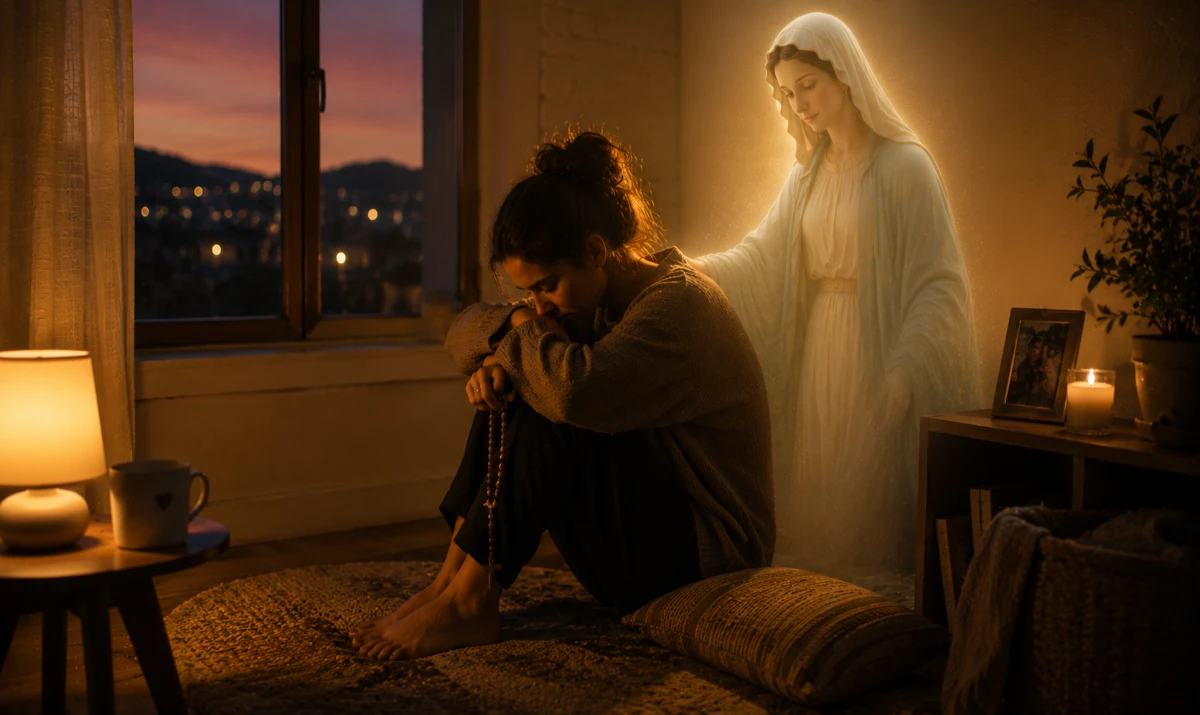 Madre, cuando el dolor llega en silencio: Escena ilustrada suave: una persona sentada sola en una habitación tranquila al anochecer, junto a una pequeña lámpara o vela encendida. Mira hacia abajo en silencio mientras una luz cálida con presencia mariana muy sutil acompaña la escena desde un rincón o desde la ventana. Sensación de tristeza serena, consuelo y compañía silenciosa.