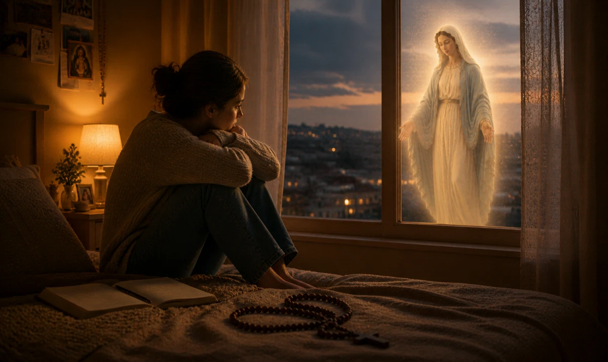 Madre, cuando me cueste creer… sosténme: Escena ilustrada suave: una persona sentada en silencio en una habitación con luz tenue, mirando hacia una ventana donde entra una luz suave. A su lado, un rosario sobre la mesa. Presencia mariana muy sutil en la luz. Sensación de fragilidad acompañada, no de oscuridad.