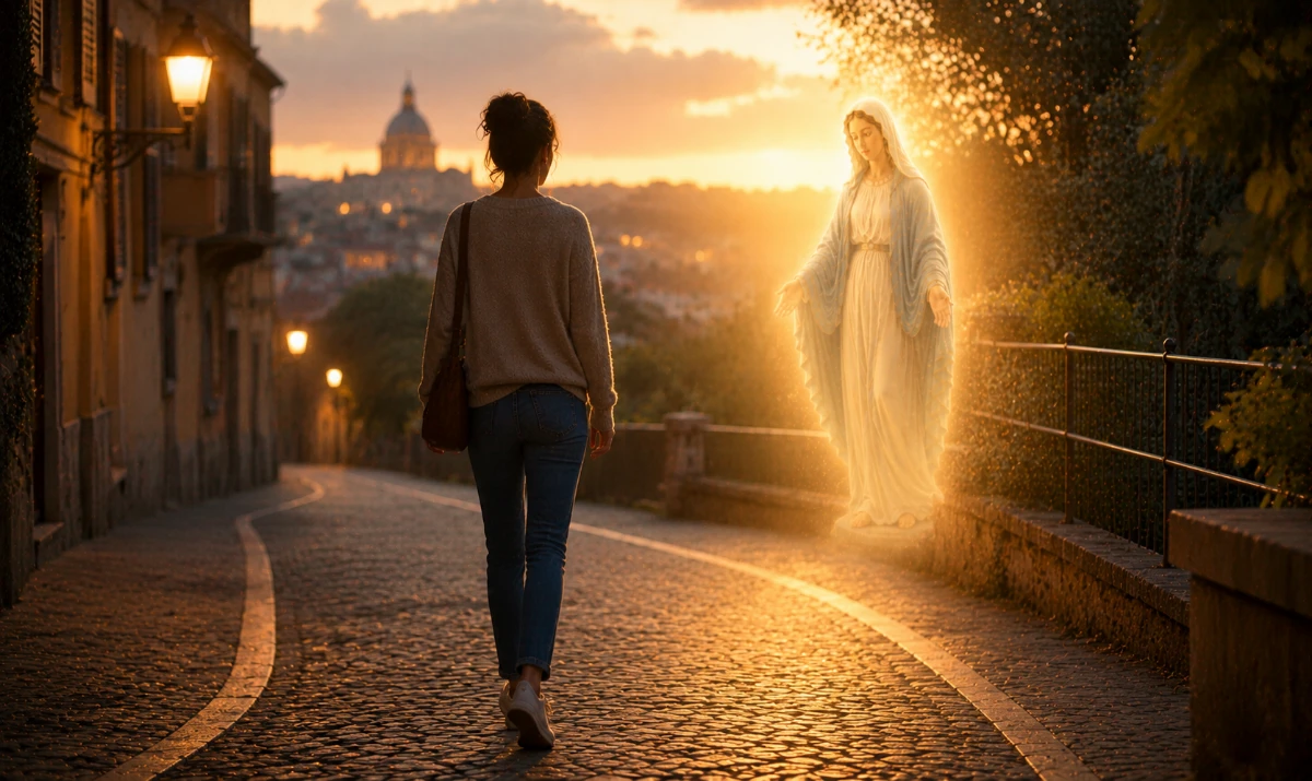 Madre cuando me distraigo tráeme de vuelta: Escena ilustrada suave: una persona caminando distraída por una calle tranquila al atardecer, mientras una luz cálida y sutil con presencia mariana ilumina suavemente el camino correcto. Sensación de volver, reencontrarse y ser guiado con calma.