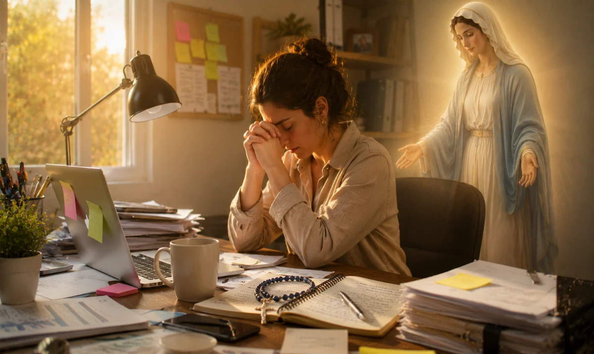 Madre, entra en mi trabajo y ordénalo todo: Escena ilustrada suave: una mesa de trabajo algo desordenada con papeles, portátil, taza de café y agenda abierta mientras una persona respira profundamente antes de comenzar. La luz cálida de la mañana entra por la ventana y la presencia mariana aparece muy sutil integrada en la claridad del ambiente. Sensación de calma, organización y acompañamiento cotidiano.