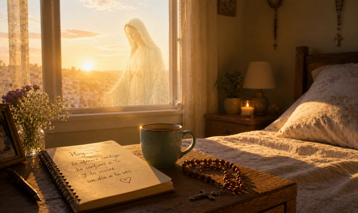 Madre quédate conmigo cuando el día empieza. Escena ilustrada suave: una cocina o habitación sencilla al amanecer, luz entrando por la ventana. Una taza sobre la mesa y un rosario al lado. Presencia mariana muy sutil en la luz. Sensación de inicio, calma y vida cotidiana.