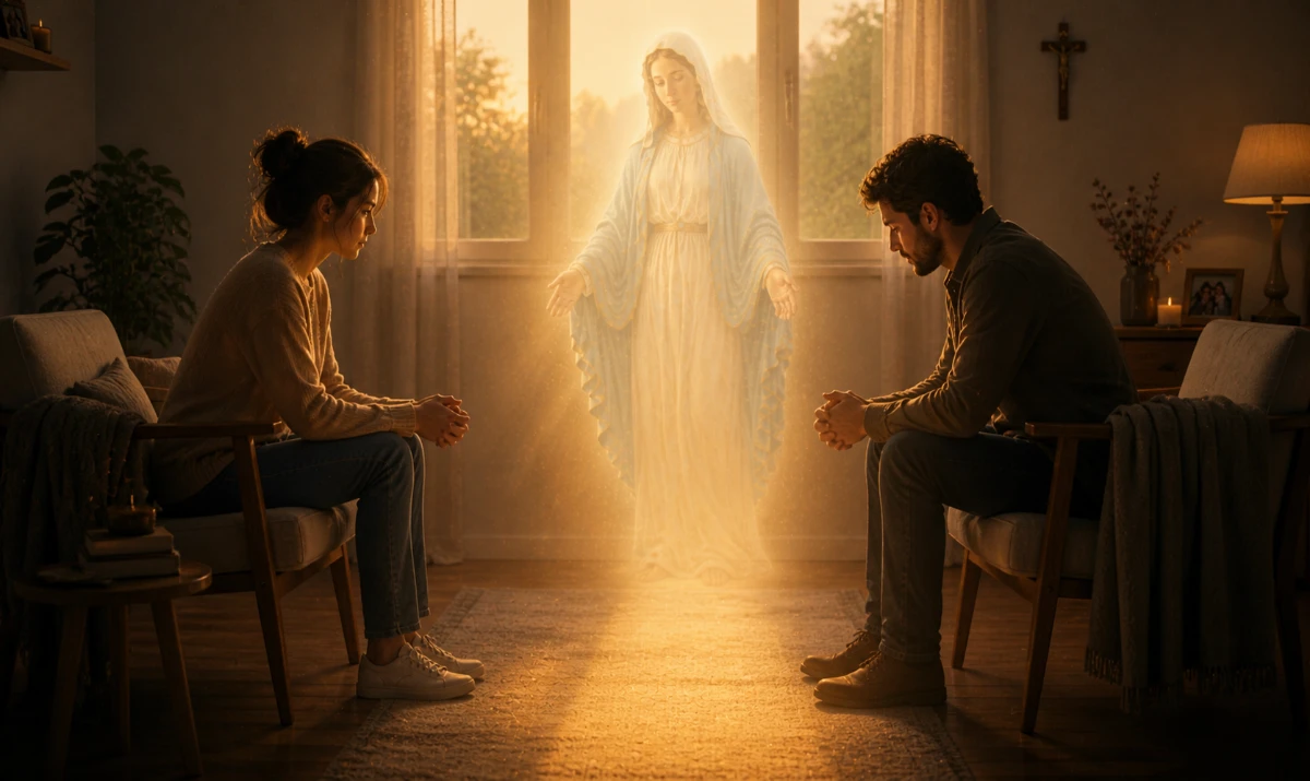 Escena ilustrada suave: dos sillas separadas frente a frente en una habitación sencilla, con luz de tarde entrando por una ventana. Entre ambas, un espacio vacío iluminado suavemente. Presencia mariana muy sutil en la luz, como puente. Sensación de distancia y posibilidad de encuentro.