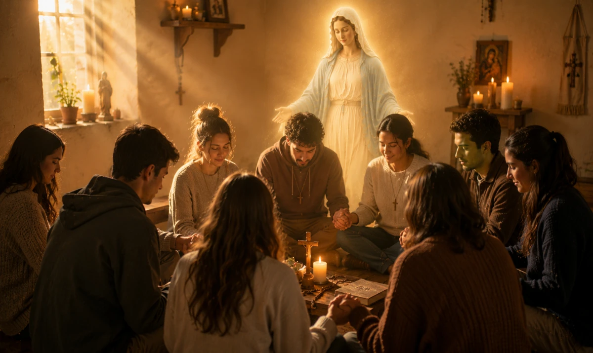 Oración a la Virgen María: Madre de la Iglesia naciente: Escena ilustrada suave: un pequeño grupo de personas reunidas en oración sencilla dentro de una iglesia humilde o una sala iluminada por velas al amanecer. La presencia de María aparece muy sutil integrada en la luz cálida que envuelve a la comunidad. Sensación de unidad, comienzo, esperanza y oración compartida.