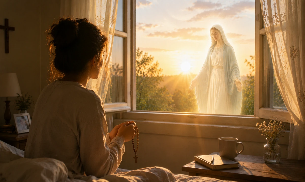 María, acompáñame desde el primer momento de este día: Escena ilustrada suave: una habitación sencilla iluminada por la luz cálida del amanecer entrando por una ventana abierta. Una persona recién despierta permanece sentada en el borde de la cama con un rosario entre las manos. La presencia mariana aparece muy sutil integrada en la luz del amanecer. Sensación de comienzo tranquilo, esperanza y compañía.
