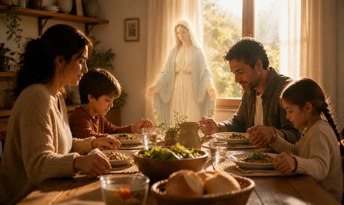 Escena ilustrada suave: una mesa sencilla preparada con platos, pan y una jarra de agua, varias manos alrededor en gesto de comenzar a comer o de unirse. Luz cálida de mediodía entrando por una ventana. Presencia mariana muy sutil en la luz. Sensación de hogar, sencillez y encuentro.