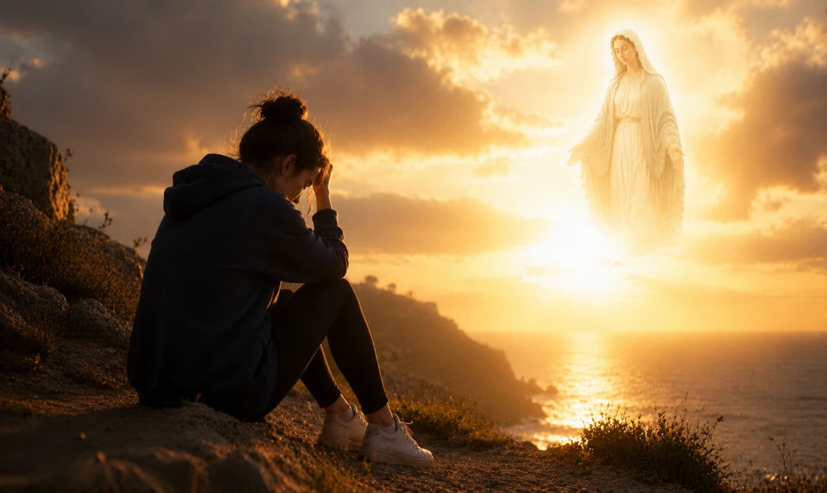 Oración a la Virgen María para no rendirse: Escena ilustrada suave: una persona sentada unos segundos en unas escaleras o junto a un camino, cansada pero levantando la mirada hacia una luz cálida al amanecer. La presencia mariana aparece muy sutil integrada en esa claridad. Sensación de cansancio real, pero también de esperanza y continuidad.