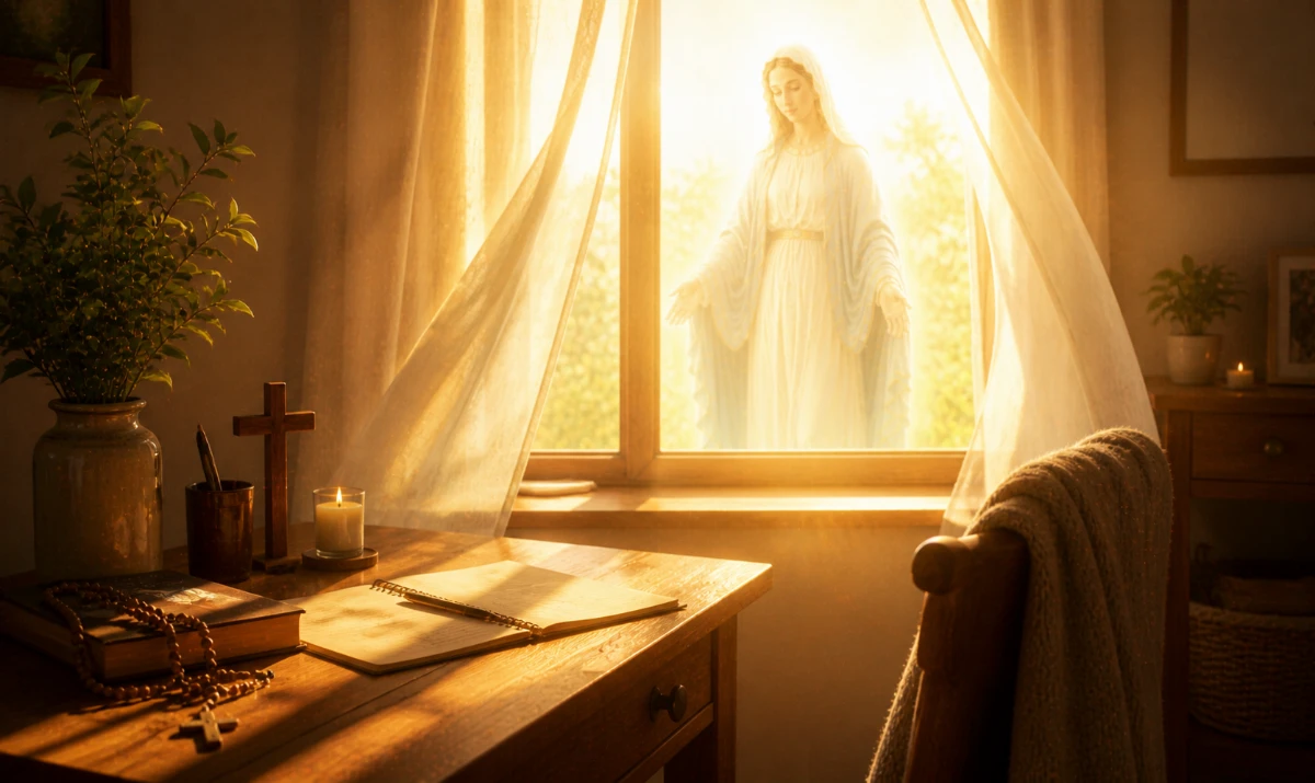 Oración a la Virgen María: llena del Espíritu Santo: Escena ilustrada suave: una habitación sencilla con una ventana abierta por la que entra luz intensa y cálida de mañana, moviendo ligeramente unas cortinas. En el aire, una presencia mariana muy sutil y difuminada en la luz. Sensación de claridad, vida y presencia interior.