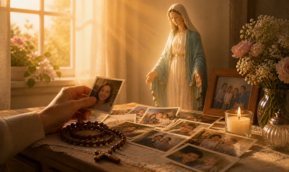Escena ilustrada suave: una mesa sencilla con varias fotografías familiares esparcidas, una mano tocando una de ellas con suavidad. Luz cálida entrando por una ventana. Presencia mariana muy sutil en la luz. Sensación de cercanía, memoria y cuidado.