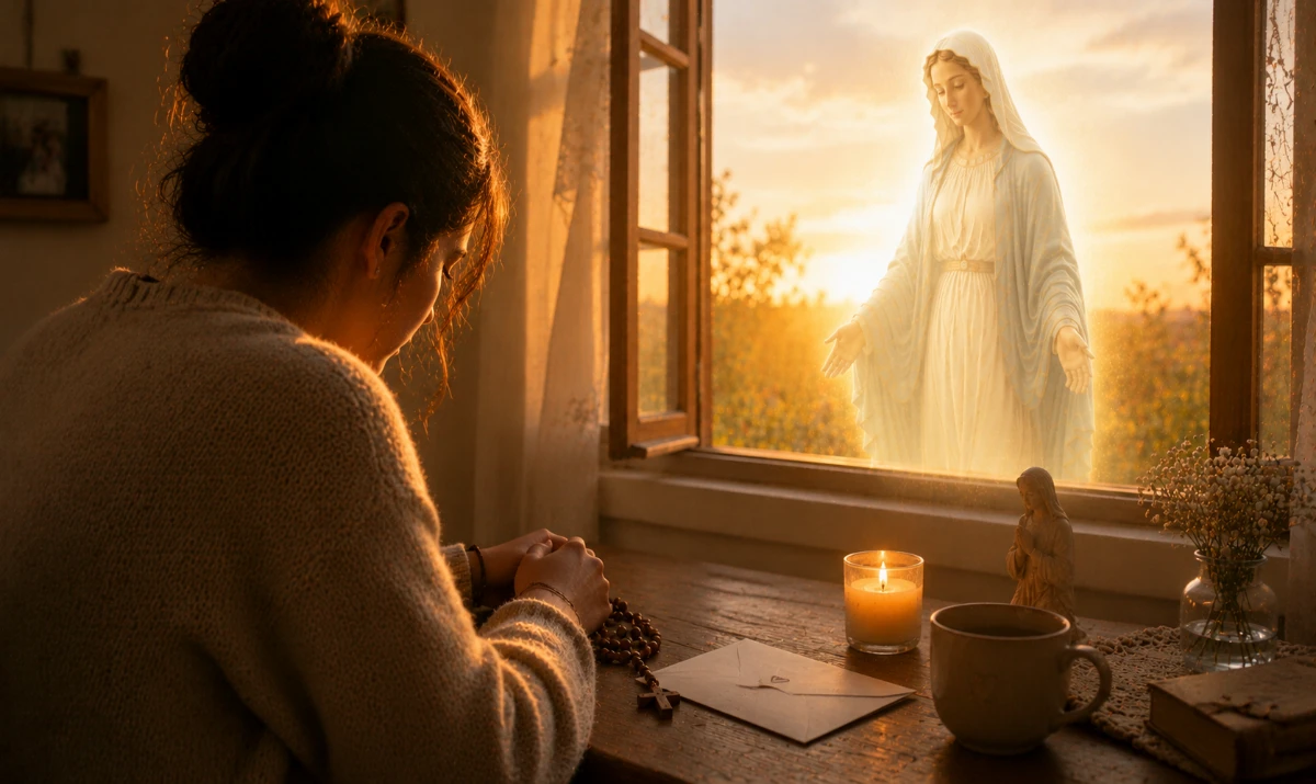 María, cuida lo que hoy no sé cuidar: Escena ilustrada suave: una persona dejando suavemente un rosario o una carta sobre una pequeña mesa junto a una vela encendida y una ventana abierta al amanecer. La luz cálida entra iluminando la escena, con una presencia mariana muy sutil integrada en la claridad. Sensación de entrega, descanso y confianza.