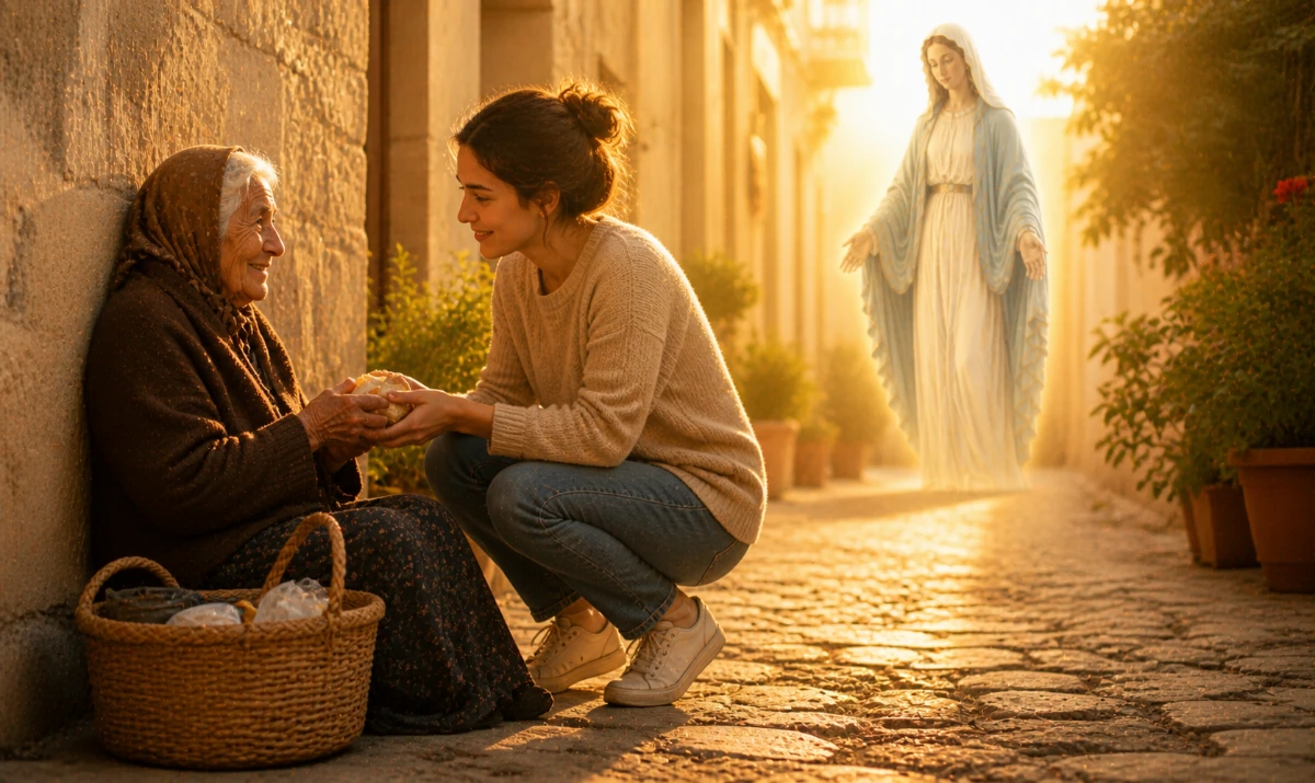 Oración a la Virgen María para amar como Ella amó. Escena ilustrada suave: dos personas ayudándose en un gesto sencillo (una mano levantando a otra, o compartiendo algo), con luz cálida entrando lateralmente. Presencia mariana muy sutil en la luz. Sensación de servicio, cercanía y amor concreto.