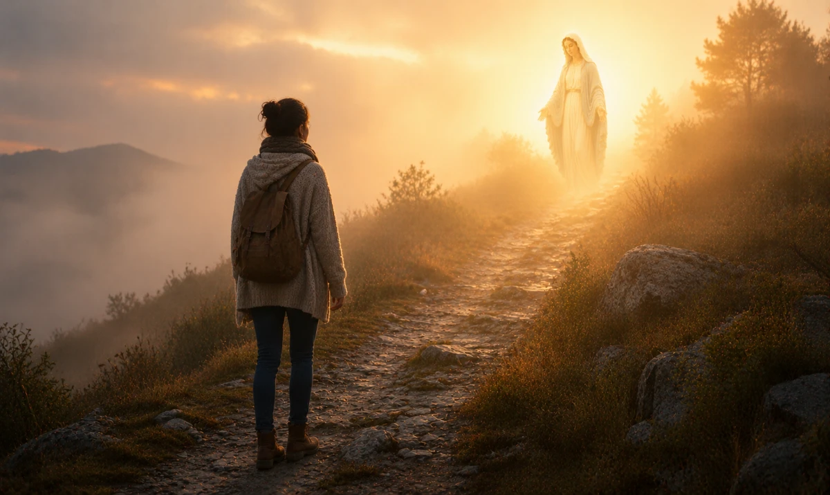 María, enséñame a confiar sin ver: Escena ilustrada suave: una persona caminando despacio por un sendero cubierto ligeramente por niebla al amanecer, mientras una luz cálida y sutil ilumina el camino algunos pasos más adelante. Presencia mariana muy delicada integrada en la luz. Sensación de confianza, incertidumbre y acompañamiento.