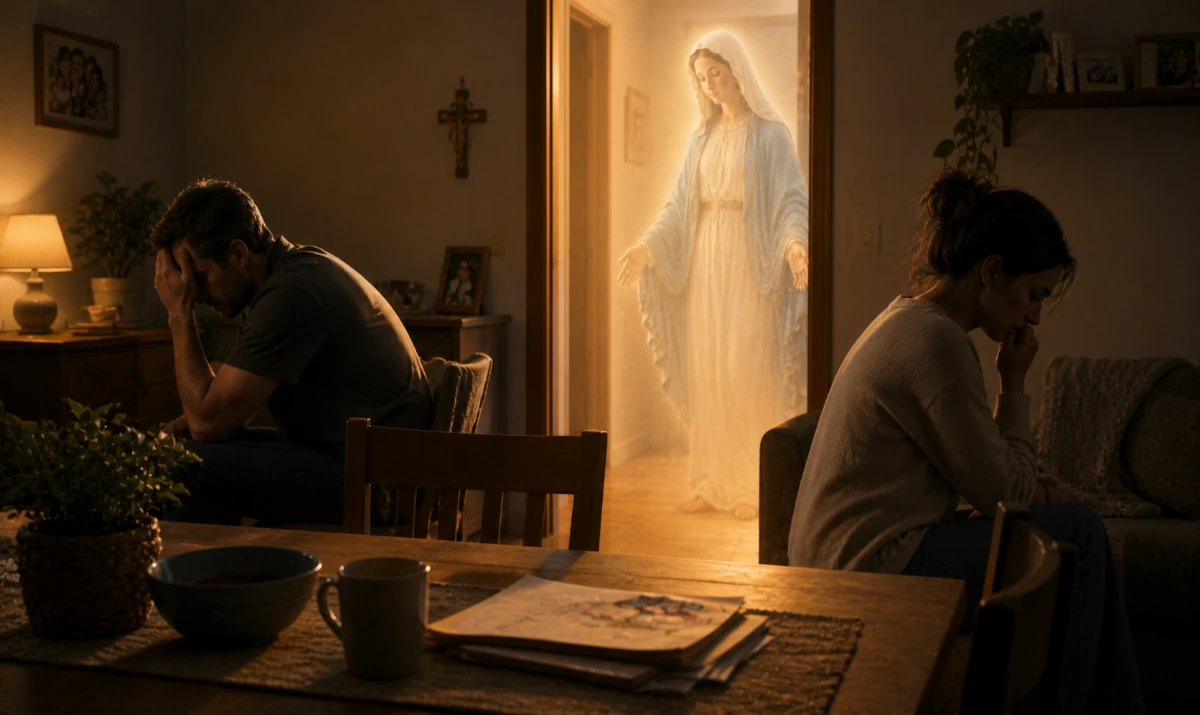 Escena ilustrada suave: un salón sencillo con luz tenue al anochecer, dos sillas separadas o una mesa con objetos cotidianos en silencio. Sensación de distancia o tensión sin dramatismo. Presencia mariana muy sutil en la luz. Ambiente de recogimiento y esperanza.