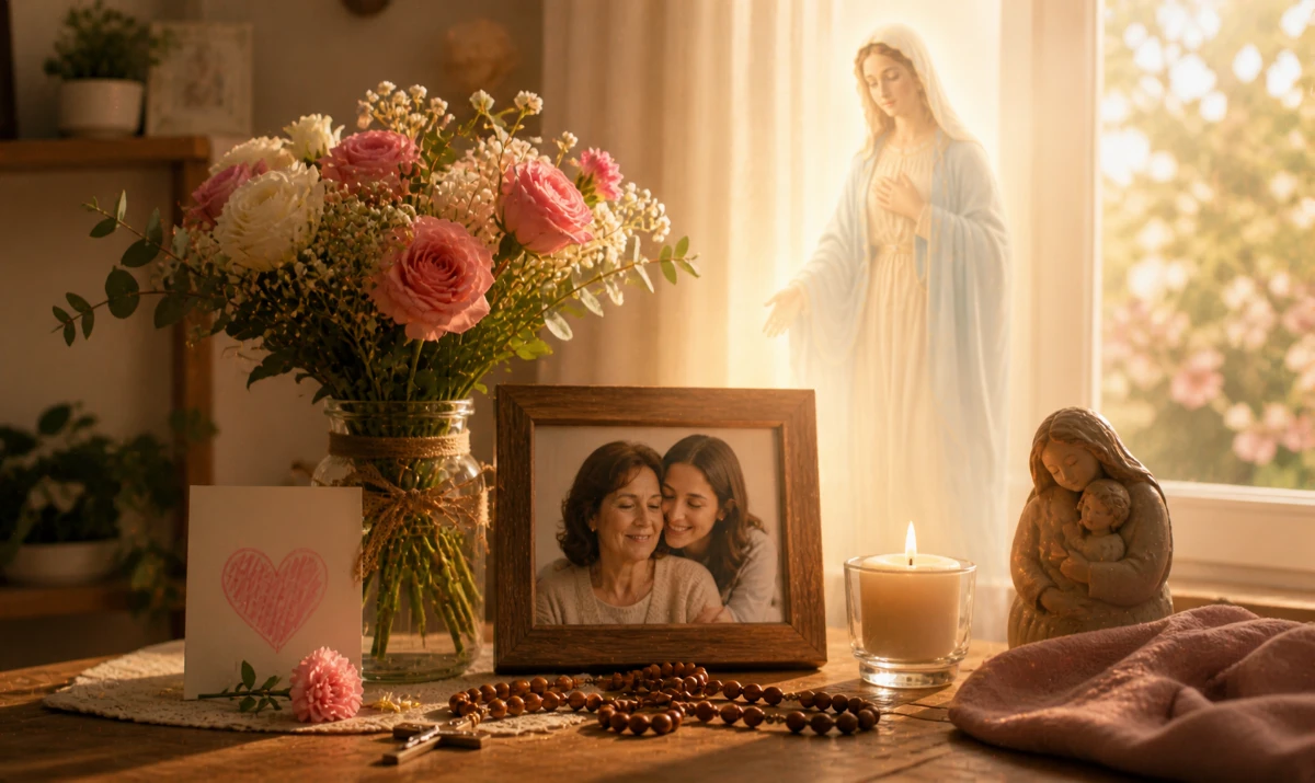 Escena ilustrada suave: una mesa sencilla con un ramo de flores frescas y una fotografía familiar. Luz cálida de mañana entrando por una ventana. Presencia mariana muy sutil en la luz. Sensación de cariño, recuerdo y gratitud.
