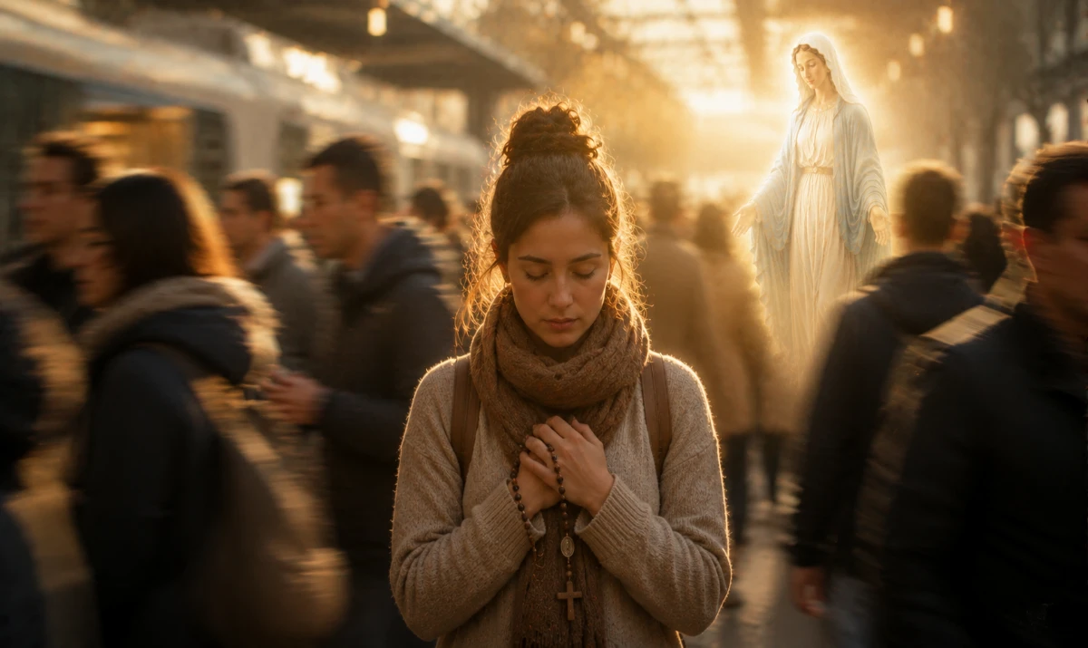 María, no me sueltes en medio del ruido: Escena ilustrada suave: una persona quieta en medio de una estación, calle o lugar concurrido mientras todo alrededor aparece ligeramente desenfocado por el movimiento. Una luz cálida y serena, con presencia mariana muy sutil, envuelve suavemente a la persona. Sensación de acompañamiento en medio del caos cotidiano.